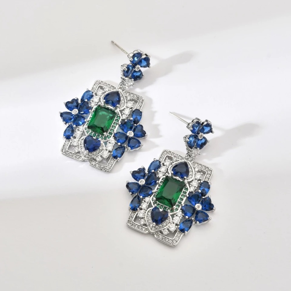 Green Blue CZ Silver Earrings